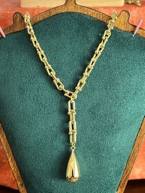 Gold-filled Hardware Link Chain Necklace w/ Teardrop Pendant 14-16”; Pendant 2”